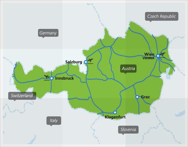 Map with main train connections in Austria