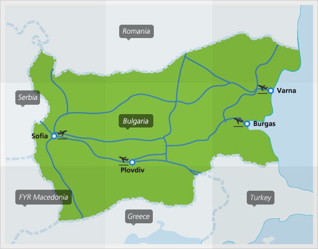 Map with main train connections in Bulgaria