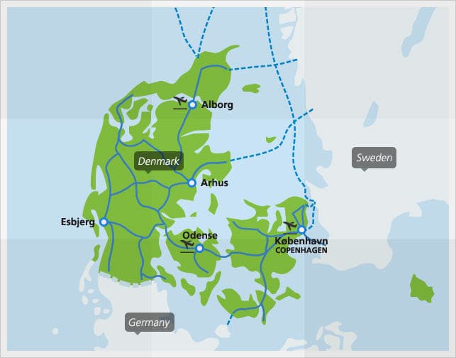 Map with main train connections in Denmark