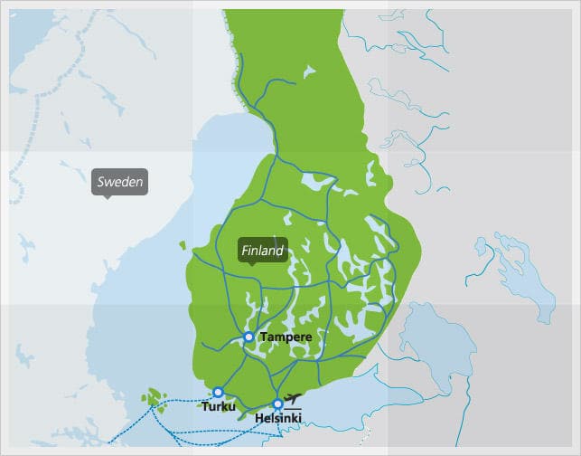 Map with main train connections in Finland