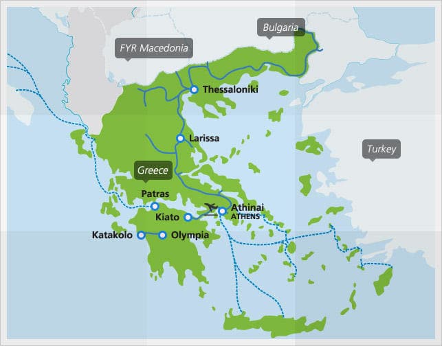 Map with main train connections in Greece