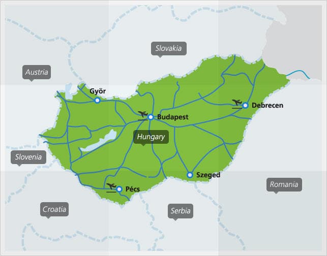 Map with main train connections in Hungary