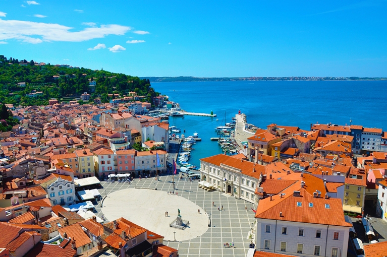 Bird's eye view of Piran, Slovenia, and the sea