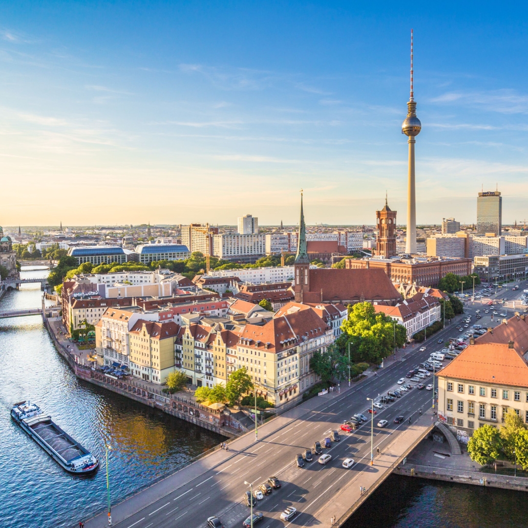 Berlin's skyline and river at golden hour